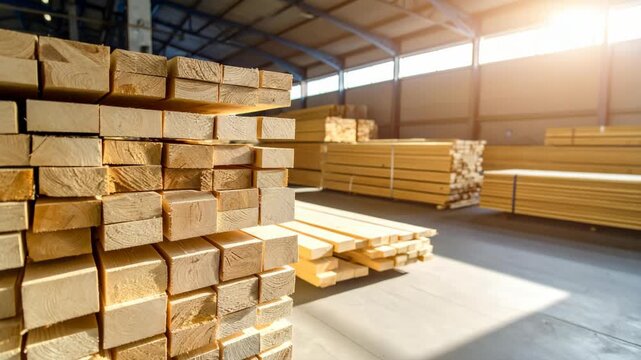 Lumberyard interior featuring stacked and strapped piles of fresh cut wood planks, bathed in warm natural light from windows.