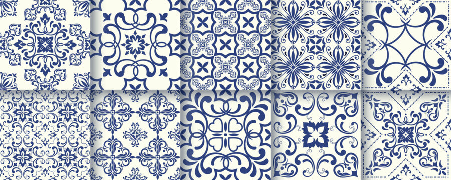 Collection of 10 flower Azulejo tiles. Seamless colorful patterns in azulejo style. Floor tile oriental collection seamless textures. Portugal spanish ceramics. Vector
