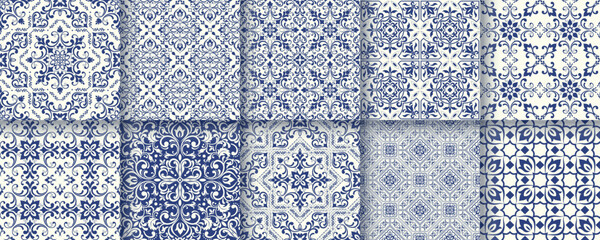Collection of 10 flower Azulejo tiles. Seamless colorful patterns in azulejo style. Floor tile oriental collection seamless textures. Portugal spanish ceramics. Vector
