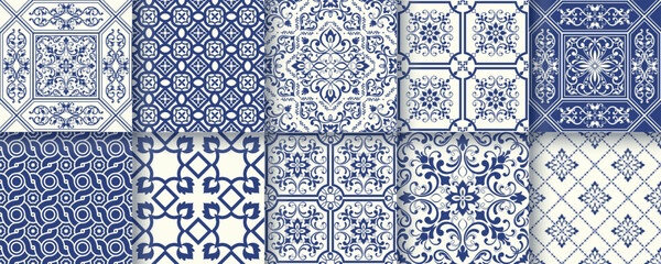 Collection of 10 flower Azulejo tiles. Seamless colorful patterns in azulejo style. Floor tile oriental collection seamless textures. Portugal spanish ceramics. Vector
