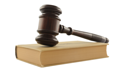 Justice gavel rests on law book, symbolizing legal authority