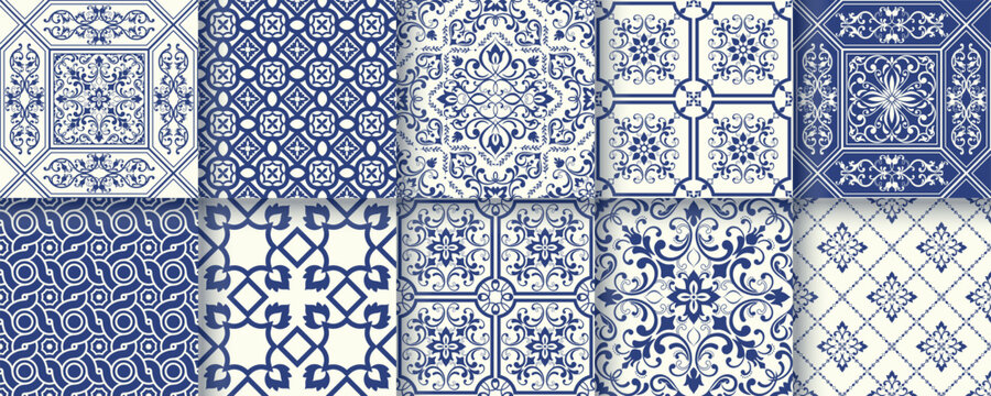 Collection of 10 flower Azulejo tiles. Seamless colorful patterns in azulejo style. Floor tile oriental collection seamless textures. Portugal spanish ceramics. Vector
