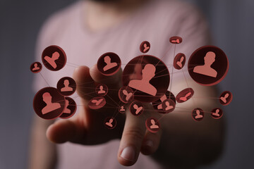A person touching network connections with contact silhouette for HR and social media concept. 144 characters limit