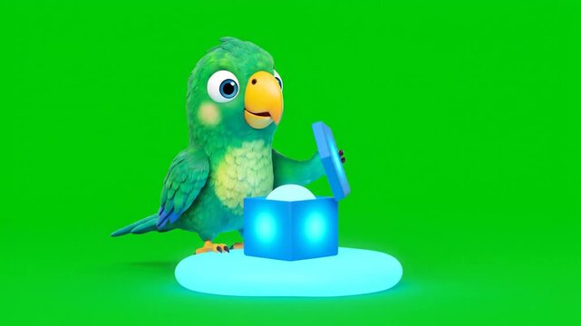 Animated Green Parrot Opens a Glowing Blue Cube Gift with White Light on a Green Screen Background in a 3D Render Perfect for Children's Content and Educational Material about Curiosity and Discovery