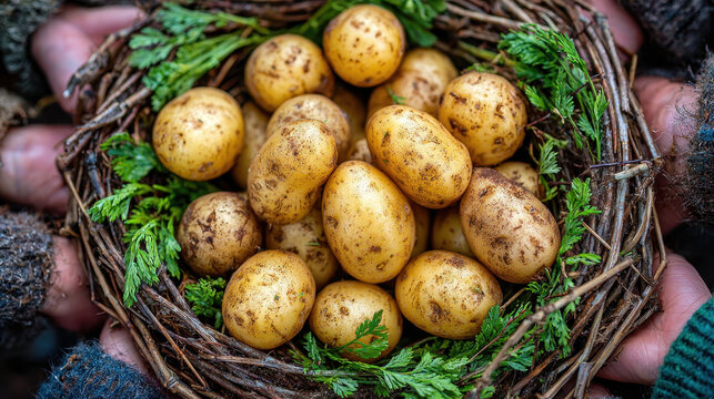 Nest made of twigs and leaves cradles freshly harvested potatoes, symbolizing nature bounty and cycle of growth. earthy tones and textures evoke sense of rustic simplicity