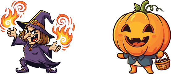 cartoon witch casting fire magic, cartoon pumpkin head character, halloween monster illustration, spooky cartoon art, funny halloween clipart, playful scary design