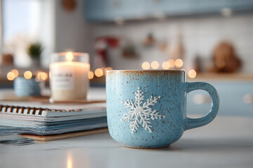 Cozy blue mug with snowflake design sits on kitchen counter, evoking warmth and comfort. lit candle and blurred lights in background enhance serene atmosphere