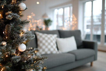 Cozy Christmas living room scene with decorated pine tree, warm lights, and soft sofa creating a festive holiday atmosphere