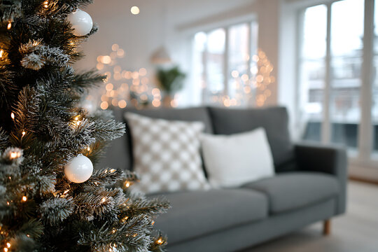 Cozy Christmas living room scene with decorated pine tree, warm lights, and soft sofa creating a festive holiday atmosphere
