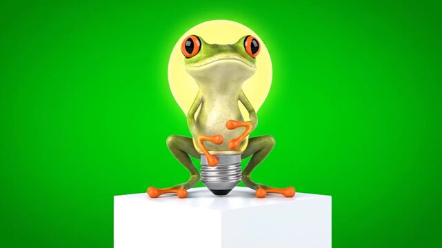 Adorable Green Tree Frog Cartoon Character Sitting on Glowing Light Bulb on White Platform Isolated by Green Screen Background Perfect for Ideas Inspiration and Creativity Concepts Animated in 3D