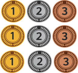 Set of Gold, Silver, and Bronze Medals with Laurel Wreaths and Numbers *Medal, gold, silver, bronze, award, prize, winner, laurel, wreath, first place, second place, third place, sport, competition, a