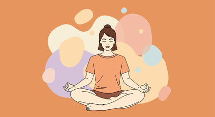 Vector meditation illustration – calm person sitting in lotus pose with abstract pastel background in minimal flat style