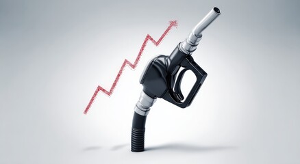 The rise in fuel prices is visually demonstrated, with a gasoline pump nozzle pointed upwards and an arrow indicating escalating costs. ..Created with Generative AI, not depicting real subjects.