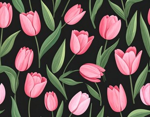 Obraz premium Pink tulips and green leaves bloom against a dark background