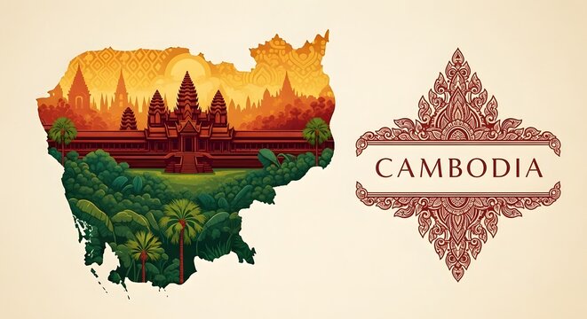 Artistic representation of Cambodia featuring the Angkor Wat temple landscape inside a map silhouette and an elegant traditional Khmer ornamental design