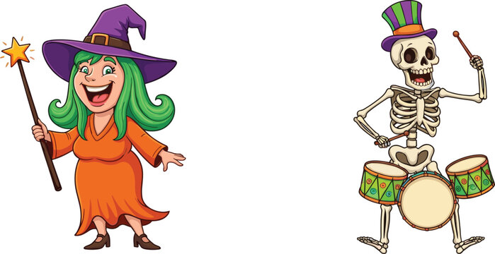 Cartoon witch character, cartoon skeleton character, Halloween illustration, spooky monster art, magical wand drawing, creepy costume artwork, festive drum design, scary night scene
