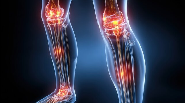 A detailed, photorealistic medical rendering of human legs, showcasing bones and joints with illuminated areas. ..Created with Generative AI, not depicting real subjects.