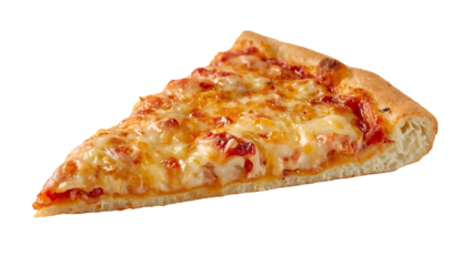 Classic cheese pizza slice with golden crust and melted mozzarella on the transparent background, delicious fast food snack for takeout or delivery