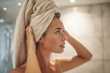 young woman using towel to dry her hair in bathroom