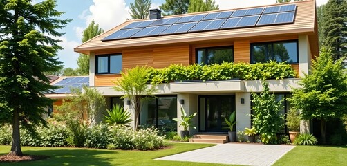 Modern eco-friendly house with solar panels and lush green landscaping,  energy saving,  sustainability