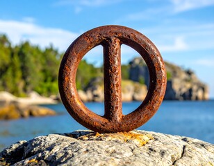 Close-up of a rusty metal ring fixture embedded in a stone by the sea