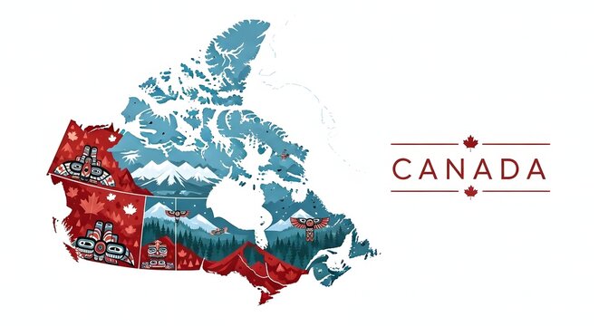 Illustrated map of Canada showcasing diverse national culture, wildlife, and iconic landmarks from coast to coast