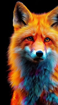 A vivid rainbow fox silhouette against a black background with luminous fur patterns and vivid motion