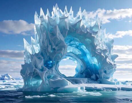 A stunning, detailed digital rendering of a massive ice formation with an arch. It floats atop a vast, blue sea under a clear sky
