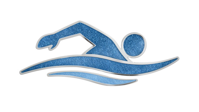 Blue metallic swimmer icon with abstract water waves isolated on white, modern swimming symbol for sports and aquatic concepts