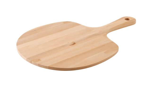 Round wooden pizza peel with handle on the transparent background for kitchen and baking, natural maple finish, modern cooking utensil
