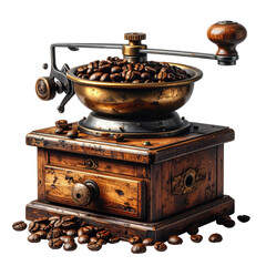 Antique coffee grinder with a full bowl of beans, wood, metal, and crank
