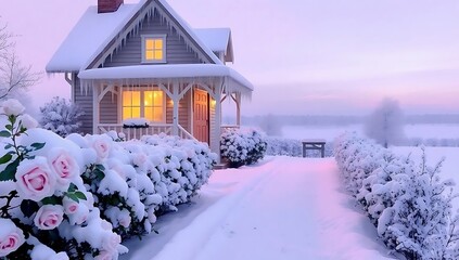 Winter wonderland cottage with pink roses and snowy landscape for holiday season magic