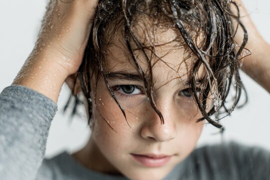Emotion filled boy with wet hair on a white background