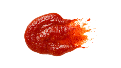 Red ketchup splash isolated on the transparent background showing vibrant tomato sauce texture and creative food art concept