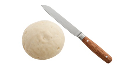 Fresh dough ball with kitchen knife on the transparent background for baking and cooking preparation concepts