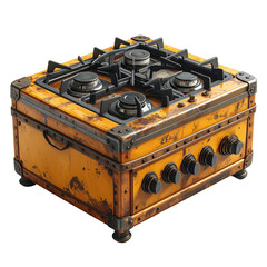 Antique yellow and bronze cooktop with four burners, knobs, and metal accents