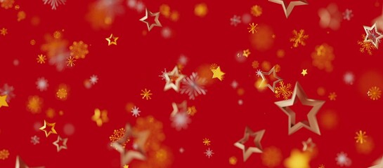 Abstract Christmas background featuring red backdrop, stars, snowflakes. Festive design for holiday celebrations, greetings and winter themes. © vegefox.com