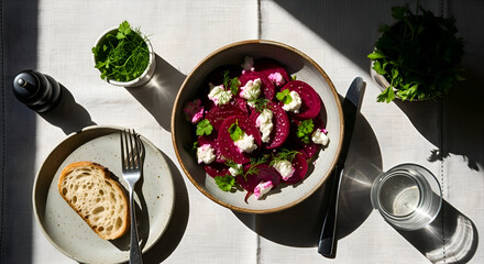 Delicious beetroot salad with fresh ingredients on a table with bread and a glass of water