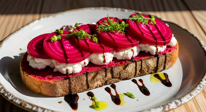 Delicious beetroot and goat cheese toast with balsamic glaze on a white plate