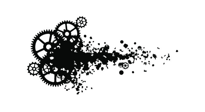 Intricate clockwork gears dissolving into abstract particles, representing mechanical breakdown or transformation.