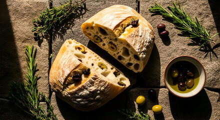 Delicious artisan olive bread with fresh herbs and olives, perfect for food photography