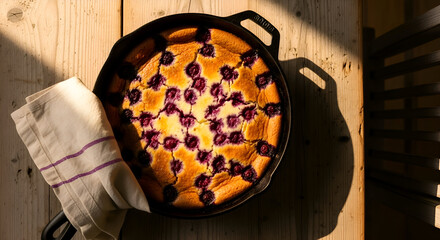 Delicious Blueberry Cobbler Baked in a Cast Iron Skillet with Rustic Wooden Background