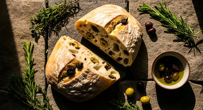 Delicious artisan olive bread with fresh herbs and olives, perfect for food photography - Powered by Adobe