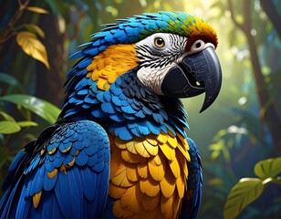 Obraz premium Close-up of a vibrantly colored macaw in lush jungle foliage