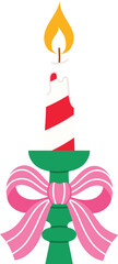 Festive Candle with Flame on Green Candlestick, Candle with a Fire, White and Green Candle with Stripe Pink Bow illustration
