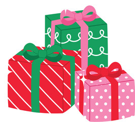 Stacked of Pink, Red, Green Christmas Gift Boxes with Sparkle, Festive Present illustration 