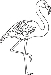 Flamingo line art isolated on white background standing on one leg looking left
