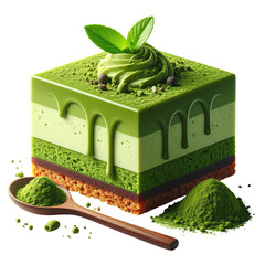 Vibrant layered matcha dessert, wooden spoon, and loose powder on dark background