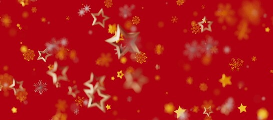 A vibrant red background with floating gold stars and snowflakes, perfect for Christmas, winter celebrations, and holiday design projects. Celeb