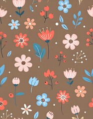 Pattern featuring stylized flowers and berries on a brown backdrop
